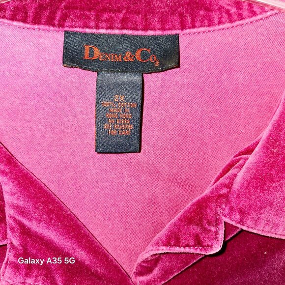 Y2K Denim & Co. Womens 2X Button-Down Velvet Long Sleeve Shirt Fuchsia - Picture 3 of 5